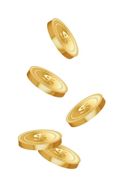 Five gold dropping coins isolated on white background. Vector Illustration