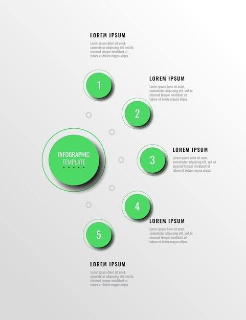 Cinque elementi infografici verdi con ombra realistica nel diagramma verticale su sfondo bianco