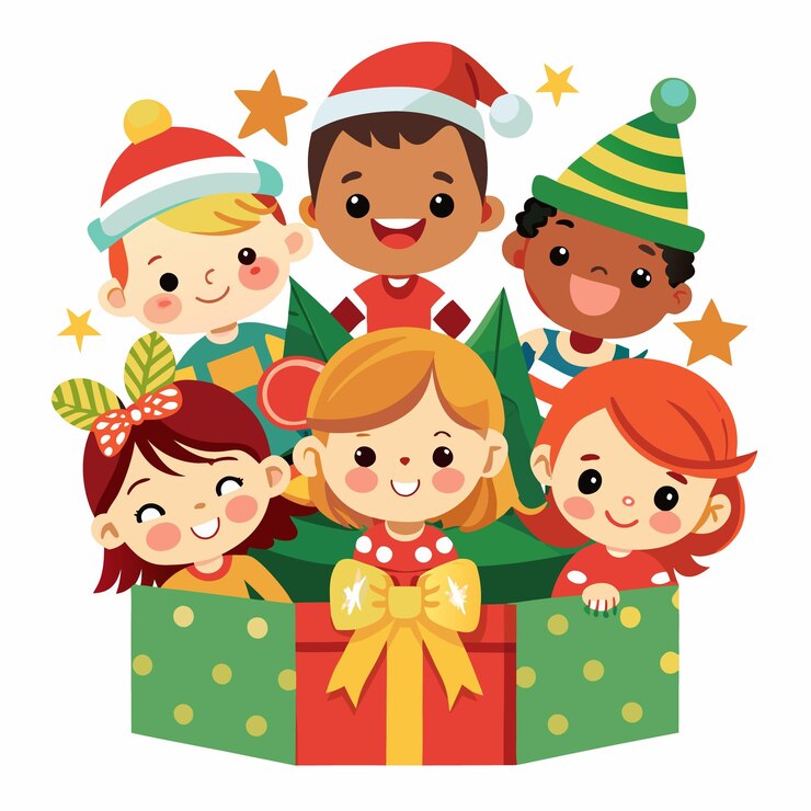 Vector five happy kids peeking out of a christmas gift box