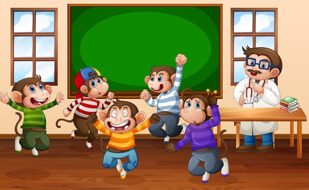 Five little monkeys jumping in the classroom with a doctor