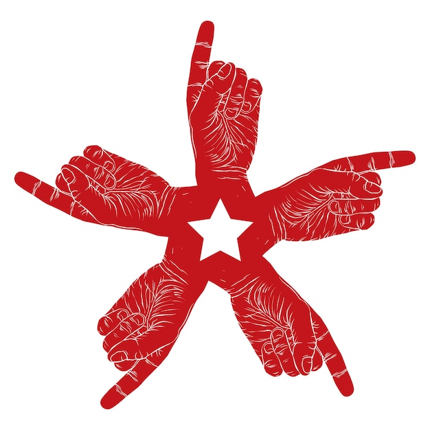 Five pointing hands abstract symbol with pentagonal star, black and white vector special emblem with human hands.