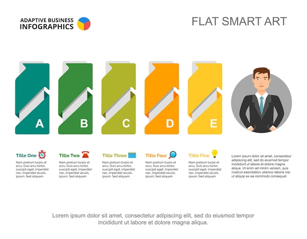 Modello di diapositiva grafico a cinque punti. dati aziendali idea, strategia, design.