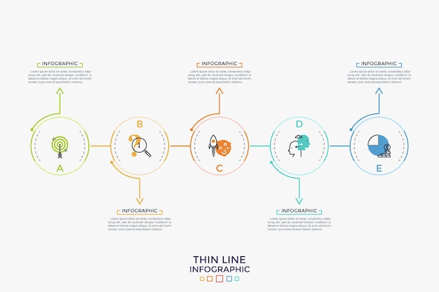 Пять круглых элементов с тонкими линиями внутри расположены в горизонтальном ряду и соединены стрелками. Концепция 5 последовательных шагов процесса развития. Макет дизайна инфографики. Векторная иллюстрация.