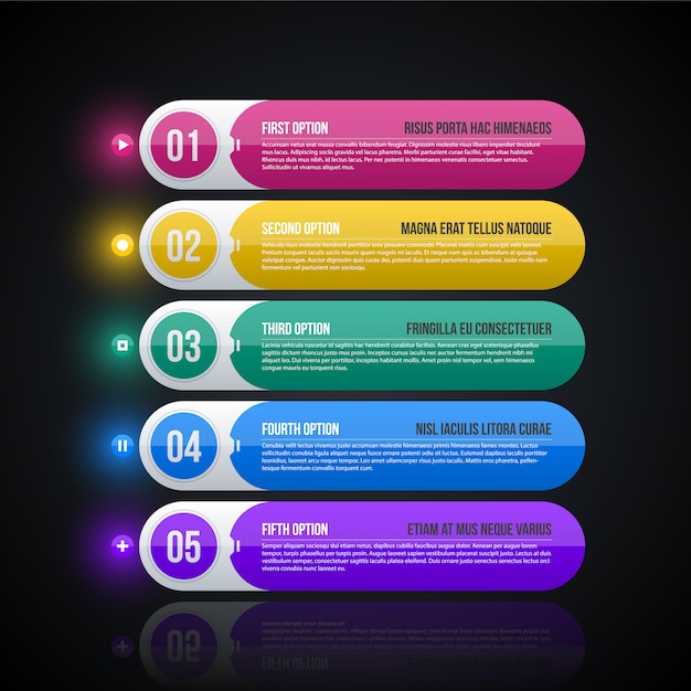 Five round web banners on black background