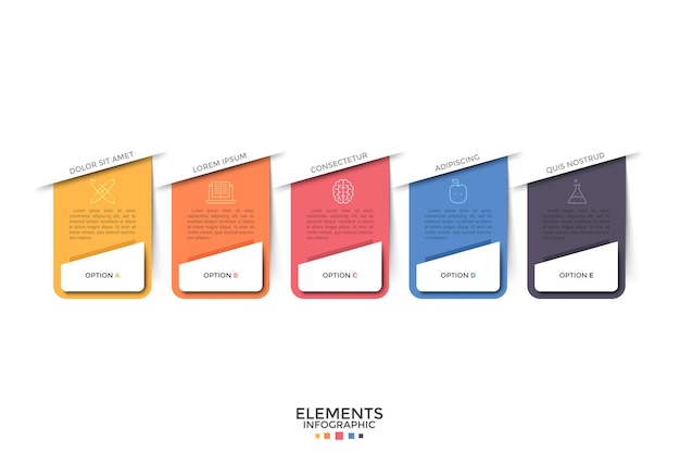 five separate colorful rectangular elements with linear icons and place for text inside. concept of web drop-down menu with 5 options. infographic design template. vector illustration for website.