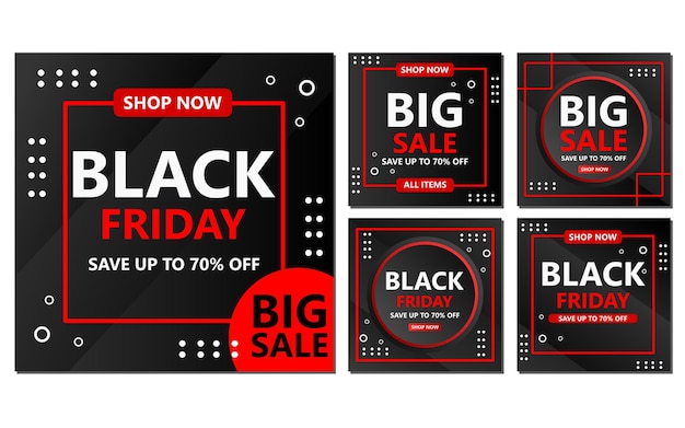 Vector five sets of social media template designs in red and black colors black friday social media post design for promotion