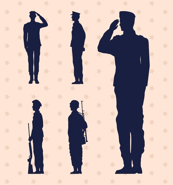 Пять солдат военные изолированные иконки