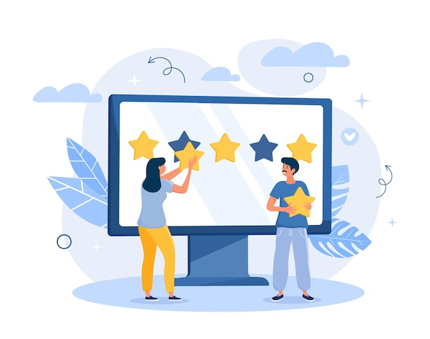 five stars concept man and girl evaluate product or service feedback and reviews rank buyers and