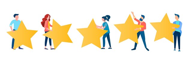 Five stars concept vector illustration Office workers with stars in their hands motivation