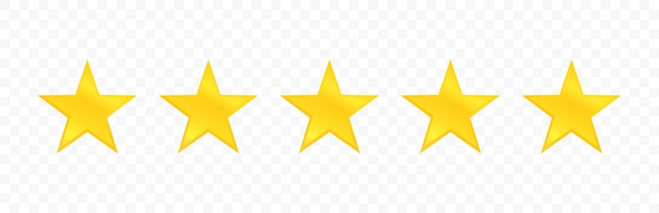 Vector five stars quality icon isolated on transparent background. stars rating review.
