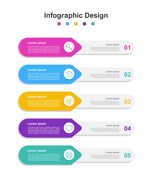 Cinque passaggi modello di infografica business astratto colorato