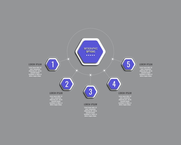 보라색 육각형 요소가 있는 5단계 infographic 다이어그램 템플릿입니다. 비즈니스 시각화