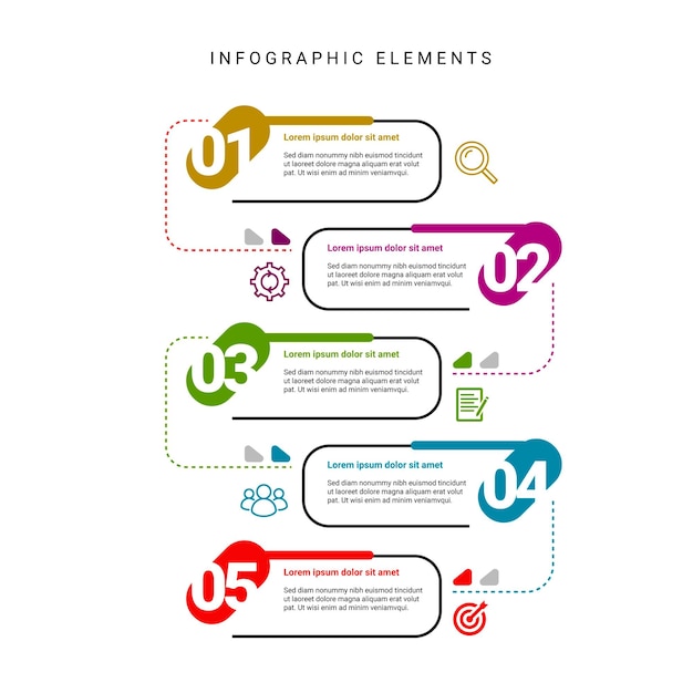 Modello di elementi infografici colorati con sequenza temporale arrotondata in cinque passaggi