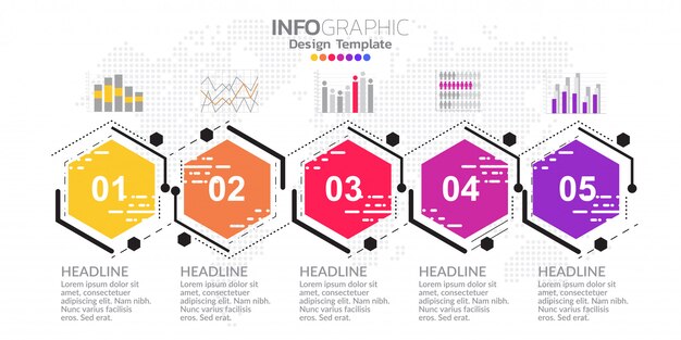 Vettore ed icone infographic di progettazione di cronologia di cinque punti