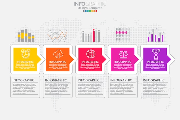 Vettore infographic di progettazione del modello di cronologia di cinque punti