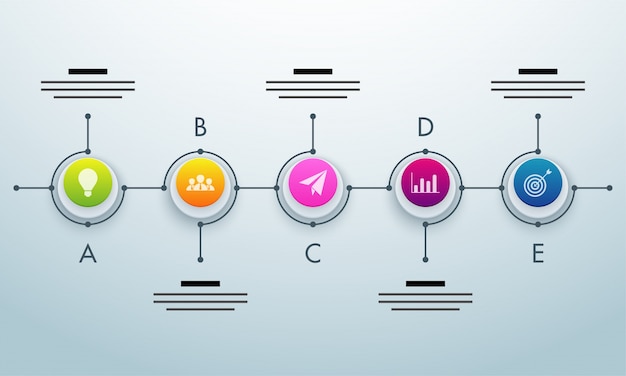 Vettore cinque fasi, layout timeline infographics con icone impostate, in versione in bianco e nero e colorato.