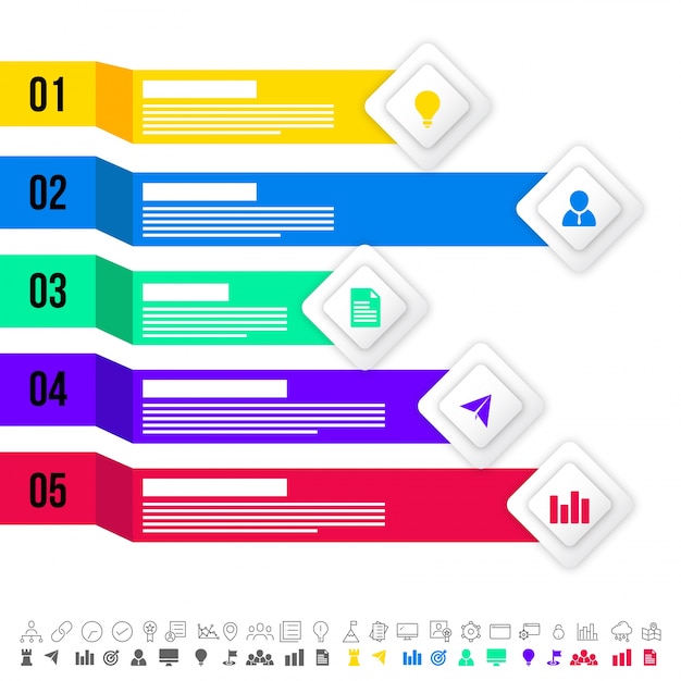 モノクロとカラフルなバージョンで、5つのステップ、タイムラインのinfographicsレイアウトのアイコンが設定されています。