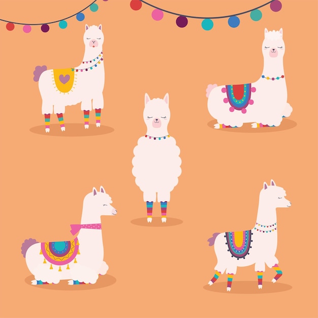 Vector five sweet llamas