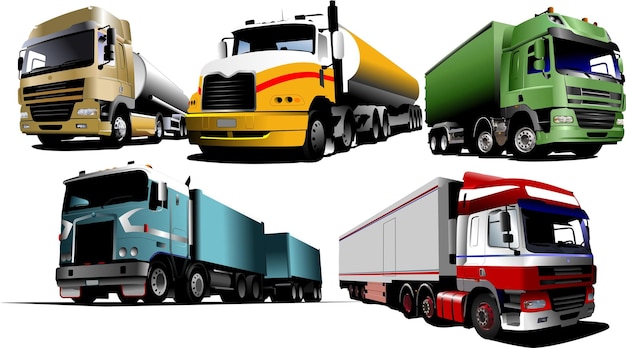 Five trucks on the road Vector illustration