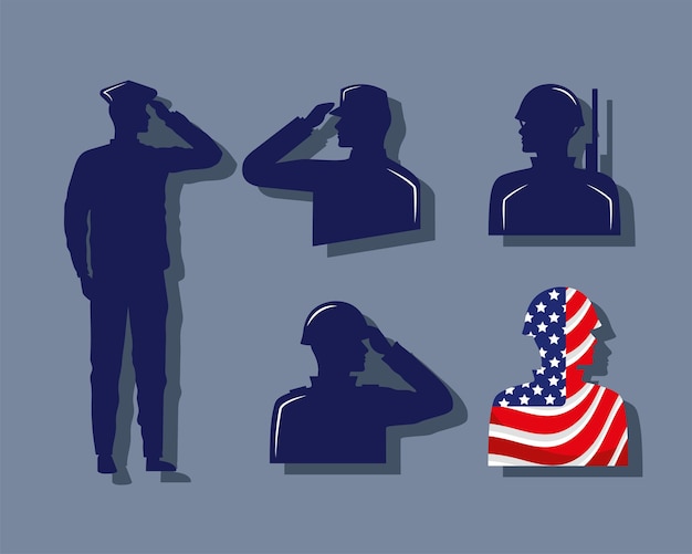 Vector five usa soldiers silhouettes