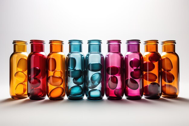 five vials with colorful capsules inside on light blue background