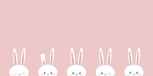 Vector five white bunnies on pink background. rectangular format with copy space.