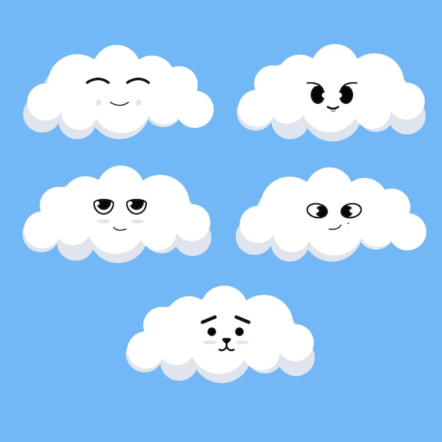 five white clouds with different faces various happy and sad expression on it