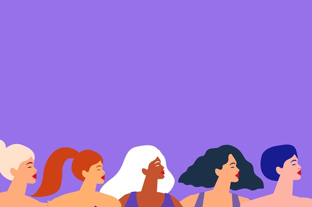 벡터 서로 다른 문화를 가진 다섯 명의 여성이 함께 춤을 추거나 서 있습니다. 여자들의 우정. 여성의 날을 축하 해요. 어머니의 날. venera, venus 여성 바디 포지티브. 여름 시간입니다. 수영복. 벡터