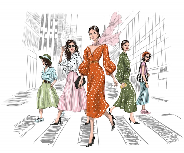 Vector five women walking on a crosswalk in big city