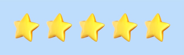 Пять желтых звезд, выделенных на синем фоне. Обзор клиентов и концепция рейтинга. Векторная 3d иллюстрация