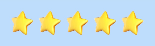 Five yellow stars isolated on blue background Customer review and rating concept Vector 3d illustration