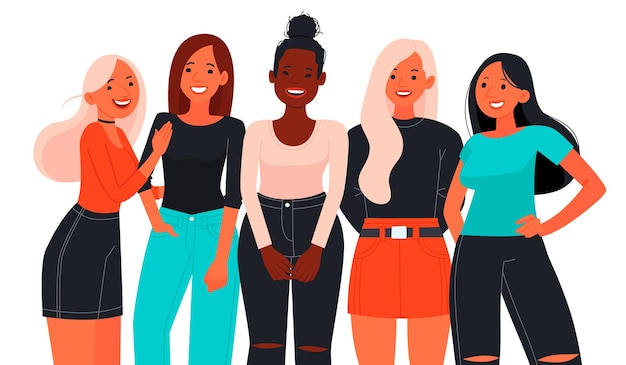 ベクトル トレンディな服を着て一緒に立っている5人の若い女性または美しい女の子。ガールフレンドと活動家のフェミニズムのグループ。女性の動き。