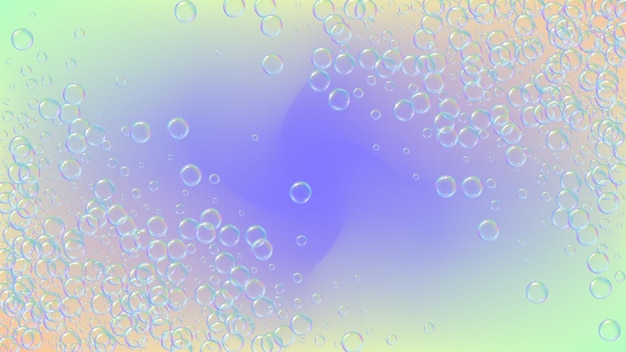 Fizz achtergrond met shampoo schuim en zeepbellen. 3D-vector illustratie sjabloon. Levendige spray en plons. Realistisch waterkader en rand. Regenboog kleurrijke vloeibare bruis.