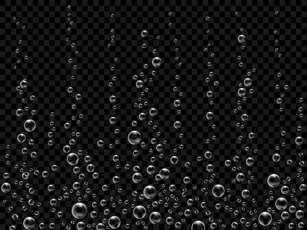 Vector fizzing air bubbles on black background. underwater oxygen texture of water or drink. fizzy bubbles in soda water, champagne, sparkling wine, lemonade, aquarium, sea, ocean. realistic 3d illustration.