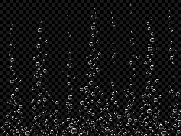 Vector fizzing air bubbles on black background. underwater oxygen texture of water or drink. fizzy bubbles in soda water, champagne, sparkling wine, lemonade, aquarium, sea, ocean. realistic 3d illustration.