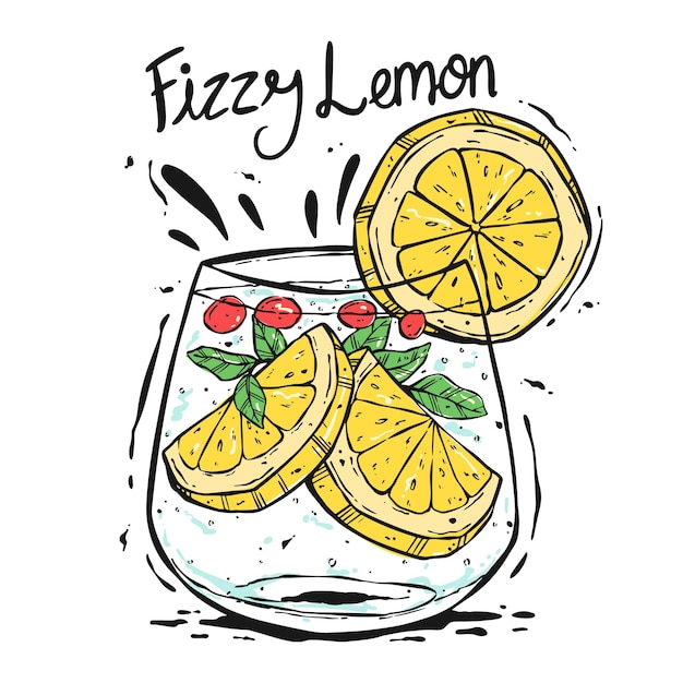 Vettore bevanda frizzante al limone con contorno cocktail con disegno a mano o bevanda alcolica