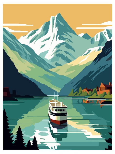 Фьорды Норвегии Норвежские горы Скандинавский винтажный туристический плакат Сувенирная открытка Портрет