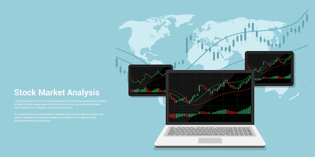 Flact stijl banner illustratie van beursanalyse, online forex trading concept