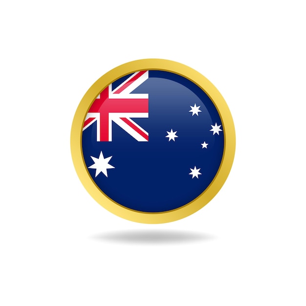 Vettore bandiera dell'australia con cornice dorata, cerchio rotondo, bottone lucido