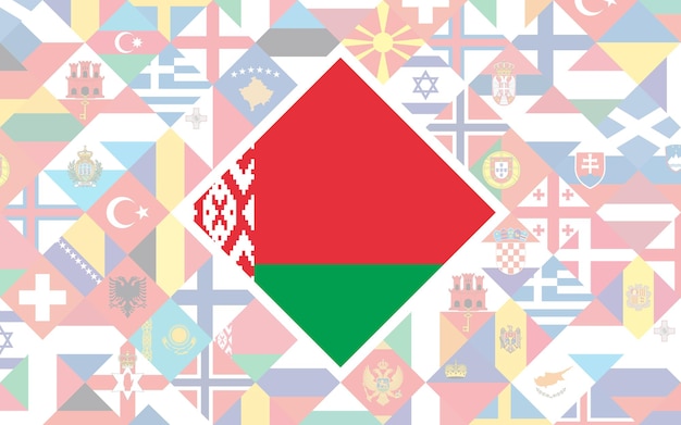 サッカー大会の中心にベラルーシの大きな旗を持つヨーロッパ諸国の旗の背景。