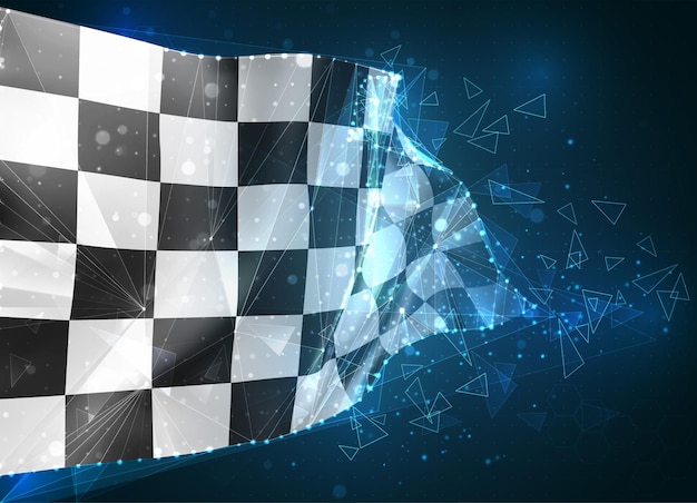 flag, black and white checkered virtual abstract 3D object from triangular polygons on a blue background