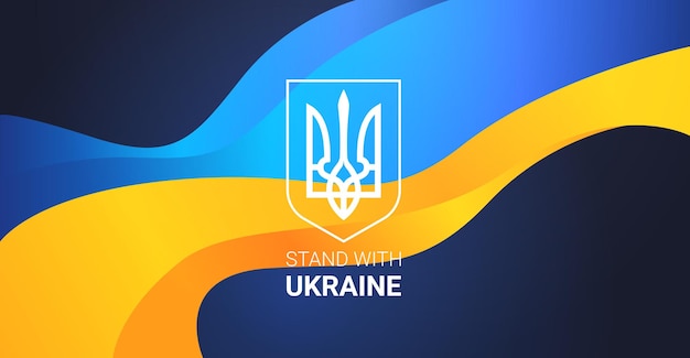 flag and coat of arms of Ukraine pray for peace save Ukraine from russia stop war concept horizontal vector illustration