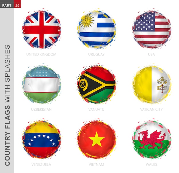 Flag collection round grunge flag with splashes 9 vector flags