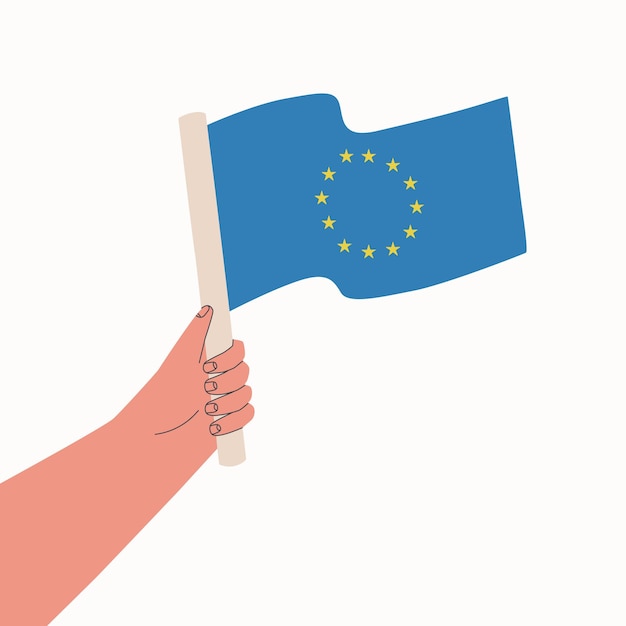 Flag of European Union Hand holds European blue flag with stars Vector cartoon illustration