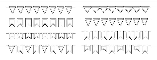 Флаг гирлянды овсянки день рождения линия плоский набор. юбилей, празднование партии висит флаги разноцветной коллекции. овсянки вымпелы фестивальное оформление линейное. изолированная иллюстрация