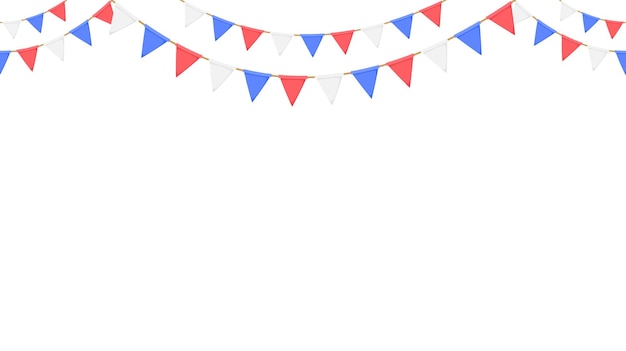 Flag garland. White, blue, red pennants chain. Party bunting decoration. Triangle celebration flags