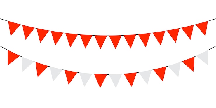 Flag garlands Festive bunting Triangle banners Birthday decoration Background decor for celebration Red white color Vector isolated sign