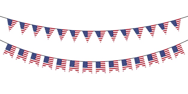 Flag garlands Festive bunting Triangle banners with the USA flag Birthday decoration Background decor for celebration in America Flat color Vector isolated sign