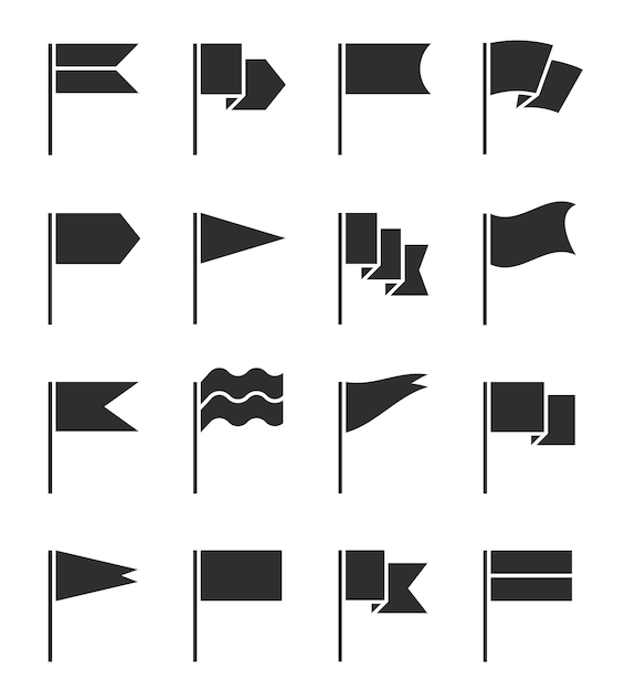 Flag icons Pennant with flagpole black silhouette destination banners Gps location pin map markers start and finish signs vector set Flag pole for gps marker start silhouette illustration