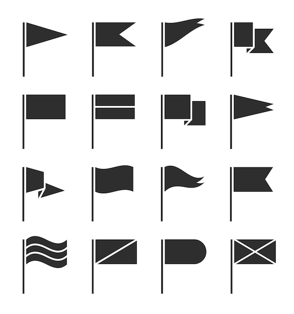 Flag icons. Waving pennant, black silhouette flags banners.